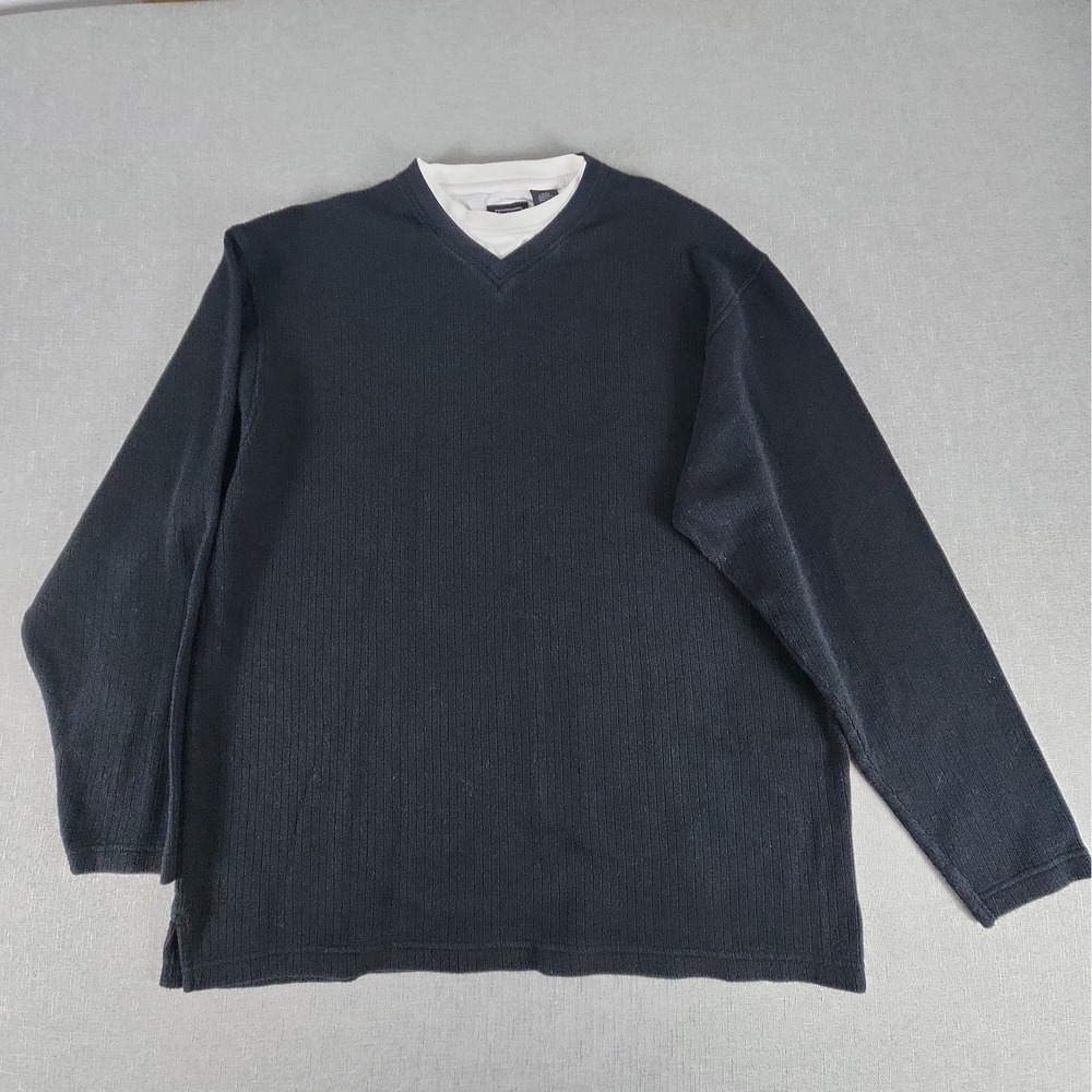 Haggar Mens L Layered V-Neck Sweater W/Built-in Collar Ribbed Pullover Charcoal